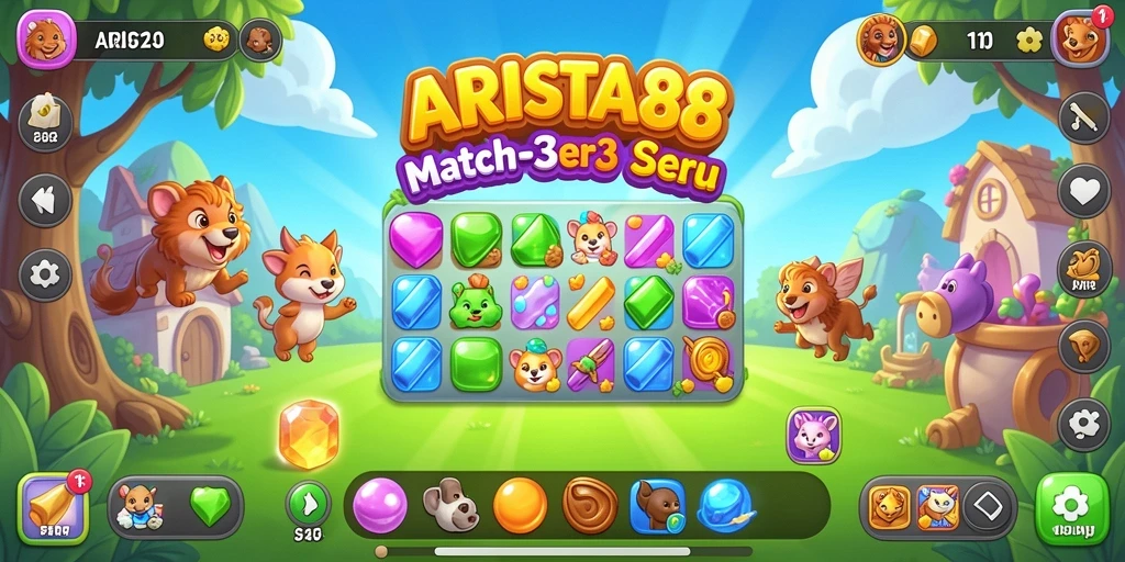 Screenshot gameplay ARISTA88 menampilkan momen mencocokkan permata dalam permainan Match-3.