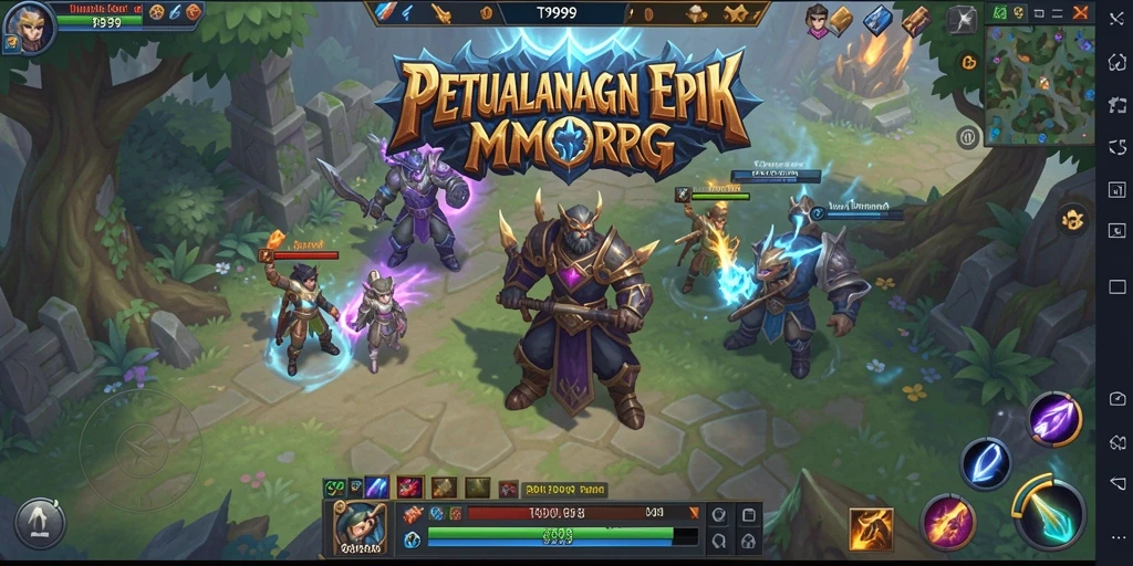 Tangkapan layar utama T9999 menampilkan momen seru dalam pertempuran MMORPG.